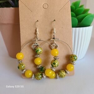 Handmade Yellow Beaded Hoop Earrings with Heart Charm Silver Tone Bohemian Style